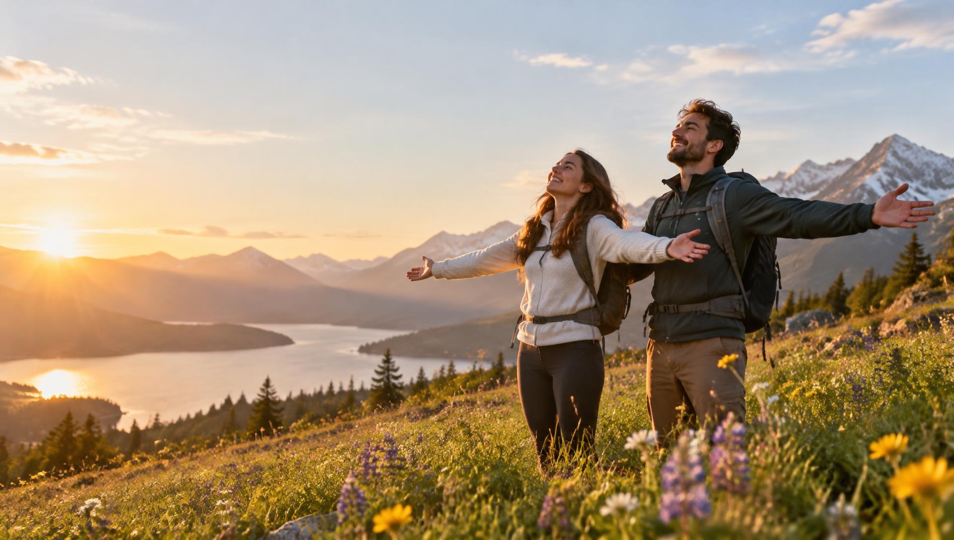 A man and a woman with open arms embracing life in a sunlit mountain meadow